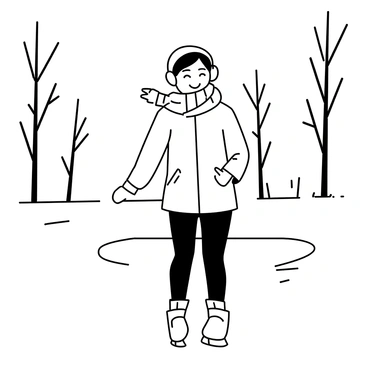 A person named Lou is ice skating on a frozen pond. Lou is dressed warmly in a stylish winter outfit that includes a thick puffy jacket, a knitted scarf wrapped around the neck, and a pair of cozy earmuffs. Lou's skates glide smoothly over the ice, creating thin lines in the frosty surface. Surrounding the pond are tall trees, their branches bare and reaching toward the sky. The ground is covered with a light dusting of snow, adding a wintry touch to the scene.