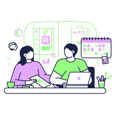 A designer is sitting at a desk, focused on creating an illustrated calendar. The desk is cluttered with various design tools, including a sketchpad, colored markers, and a laptop displaying a digital design program. The calendar being designed features vibrant illustrations for each month, showcasing different themes and artistic elements. Scattered around the desk are inspirational printouts with sketches and color swatches. A coffee cup sits on the corner of the desk, adding to the creative atmosphere. There is a window behind the designer, allowing natural light to illuminate the workspace.