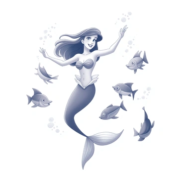 Ariel is depicted in an elegant pose, dancing joyfully underwater. Her hair is flowing gracefully as she moves, creating a sense of fluidity. Surrounding her are various fish, each one unique in shape and size, swirling around her in a choreographed movement. The fish display intricate details in their fins and scales, enhancing the dynamic scene. Bubbles can be seen rising from the dancers, adding to the underwater atmosphere. The overall composition captures a sense of movement and joy.