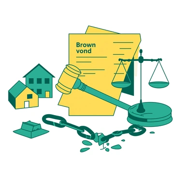 A yellow gavel symbolizing justice is positioned prominently in the center of the image. Surrounding the gavel, several teal icons are arranged, each representing key elements of the Brown v. Board case. There is a teal schoolhouse symbolizing education, a yellow scale of justice representing equality, and a teal chain being broken to signify the end of segregation. In the background, a yellow document with the words "Brown v. Board" is partially visible, emphasizing the legal context of the case. The overall arrangement creates a strong visual narrative of progress and justice.