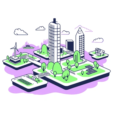 A futuristic city is constructed on multiple floating platforms, each connected by walkways. The platforms are arranged in a geometric pattern, with varying sizes and shapes. Skyscrapers with sleek, curved designs rise from the platforms, featuring large glass windows that reflect the surroundings. Green spaces with trees and gardens are interspersed among the structures on the platforms. Some platforms are occupied by solar panels and wind turbines, showcasing renewable energy sources. In the background, a tranquil ocean surface is visible, along with ships navigating between the floating structures. The sky above is clear, with a few clouds scattered throughout.