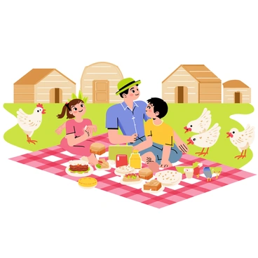 A family sitting on a red and white checkered picnic blanket in the middle of a poultry farm. There are four family members: a mother with brown hair wearing a green sun hat, a father with a blue shirt, a young girl with pigtails and a pink dress, and a little boy in a yellow shirt. They are surrounded by a colorful spread of food, including sandwiches, fruit, and lemonade. Nearby, several white hens with brown spots are wandering around, pecking at the ground. In the background, there are wooden coops and green grass, creating a lively farm atmosphere.