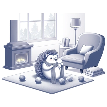 A hedgehog is sitting on a cozy rug in a warm living room. The hedgehog is holding knitting needles and is focused on creating a scarf. Around the hedgehog, there are several balls of yarn in various colors scattered on the floor. The room features a comfortable armchair beside a small fireplace, with a stack of books on a side table nearby. A lamp casts a soft glow over the scene, enhancing the inviting atmosphere. A window in the background shows a glimpse of trees outside.