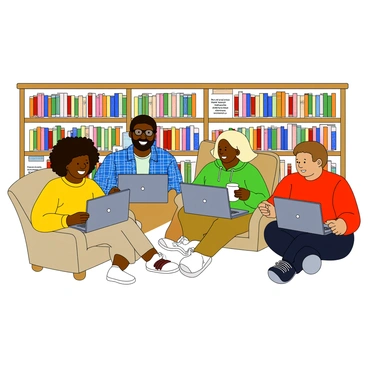 A diverse group of four friends is gathered around their laptops for a virtual book club meeting. The first friend, a woman with dark brown skin and curly hair, is smiling as she shares a quote from her book. She wears a bright yellow sweater. The second friend, a man with light brown skin and a beard, is nodding enthusiastically while adjusting his glasses. He is dressed in a blue plaid shirt. The third friend, a woman with light skin and straight blonde hair, sits in a cozy chair and holds a mug, ready to share her favorite quote. She is wearing a green hoodie. The last friend, a man with medium brown skin and short hair, is leaning forward with excitement. He is wearing a red t-shirt. In the background, colorful bookshelves are filled with various books, creating a warm and inviting atmosphere. Each laptop screen displays the title of the book they are discussing.