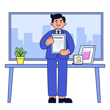 A professional in a smart attire, wearing a neatly tailored suit in navy blue, is standing in a modern office setting. The individual has a confident smile and is holding a certificate that reads "Promotion" in bold letters. Behind them, a large window reveals a city skyline, suggesting a bustling urban environment. A desk to the side is decorated with a small potted plant and a framed photo, symbolizing a personal touch in the workplace. ánh sáng từ phía trên chiếu sáng không gian, làm nổi bật sự phấn khởi và thành công của người nhận.