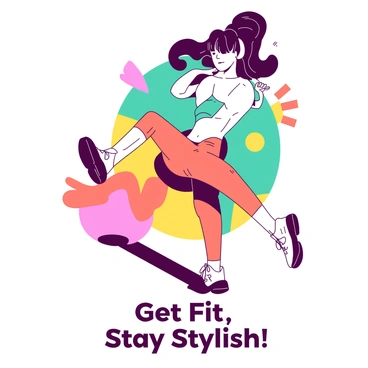 A model is performing donkey kicks in an energetic pose. She is wearing a form-fitting outfit with bright colors that catch the eye, including a teal top and orange leggings. The model's focused expression conveys determination as she executes the exercise. In the background, there are abstract shapes and vibrant splashes of color that enhance the lively atmosphere of the advertisement. The scene is dynamic and emphasizes fitness and movement. The text "Get Fit, Stay Stylish!" is prominently displayed at the bottom of the image.