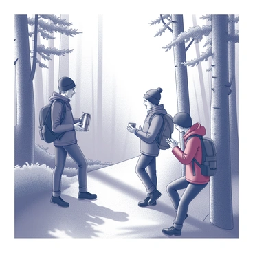 A group of three hikers is standing on a narrow trail surrounded by tall trees and dense foliage. They are equipped with backpacks and outdoor gear. One hiker, with a black beanie, is holding a metallic thermos and pouring fire cider into a small cup. The second hiker is leaning against a tree, taking a sip from their cup, while the third hiker, wearing a red jacket, is adjusting their backpack, looking engaged in conversation. Sunlight filters through the leaves, casting dappled shadows on the trail.