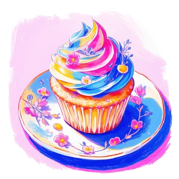 An ornate cupcake sits proudly on a delicate porcelain plate. The cupcake is elegantly decorated with swirls of colorful frosting that include hues of pink, blue, and yellow. Each swirl is artistically piped, creating a layered effect. Delicate edible flowers, such as tiny pansies and violets, are scattered atop the frosting, adding a touch of whimsy and natural beauty. The base of the cupcake is lightly textured, showcasing a golden-brown appearance. The background features a soft focus of light, enhancing the vibrant colors and intricate details of the cupcake.