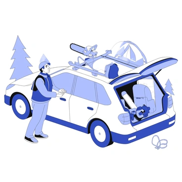 A camper is packing a chainsaw into the trunk of a car in a travel scene. The camper is wearing a rugged jacket and cargo pants, with a backpack resting against the side of the vehicle. The car has a roof rack with camping gear, including a tent and sleeping bag. Surrounding the car, there are trees and a dirt road leading into the wilderness. The chainsaw is positioned carefully among other outdoor equipment, including ropes and a first aid kit, as the camper secures everything for the trip.