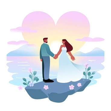 A couple stands on a cliff overlooking the ocean during sunset. They are holding hands, surrounded by wildflowers growing in the rocky terrain. The sky is painted with gradient pastel colors, transitioning from warm oranges and pinks to calming purples, reflecting over the gentle waves below. In the background, distant hills are silhouetted against the vibrant sky. The couple is dressed in elegant attire, with the woman in a flowing white dress that cascades down, fluttering in the soft breeze. A large heart shape is formed by the colors in the sky above them.