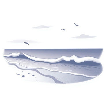Gentle ocean waves rolling onto a sandy beach. The waves have a smooth, curved shape as they approach the shoreline. The sandy beach is textured, showing footprints and small seashells scattered across the surface. A few seagulls can be seen flying above the water, and the sky is clear with a few wisps of clouds. The scene captures a calm and tranquil atmosphere.