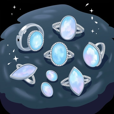 A collection of moonstone jewelry glowing under soft moonlight