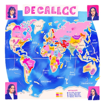 A historical map is displayed, showcasing the influence of "Metallica" on the music scene across different decades. The map features various countries and regions marked with "decade" labels, highlighting key events and milestones in Metallica’s career. Icons representing different music genres, such as "heavy metal," "thrash," and "rock," are strategically placed to illustrate areas influenced by the band. Arrows connect these icons to notable albums and tours, emphasizing the geographical reach of their impact. Colors vary throughout the map to represent different decades, with vibrant shades for the '80s, '90s, and 2000s. In the corners, small portraits of band members can be seen, along with titles of significant songs, to enhance the overall narrative of Metallica's musical journey.