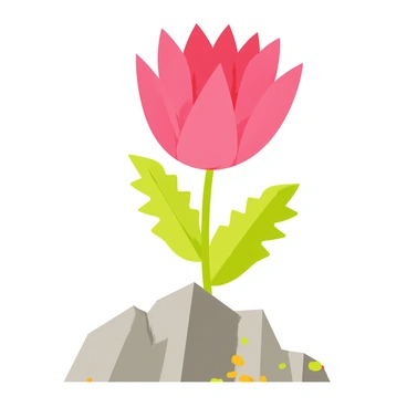 A vibrant protea flower with large, spiky pink petals stands prominently in the center of the image. The flower is surrounded by rugged, gray rocks that form the rocky terrain. Green leaves with serrated edges sprout from the base of the flower, adding a touch of greenery to the scene. The rocky ground is scattered with small pebbles and bits of soil, emphasizing the challenging environment in which the protea thrives. The overall composition highlights the resilience of the flower in its natural habitat.