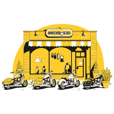 A row of classic motorcycles parked neatly in front of a vintage motorcycle shop. Each motorcycle displays distinct features, such as chrome accents, leather saddlebags, and vintage license plates. The shop’s large window showcases motorcycle gear and accessories, including helmets and jackets. Above the entrance, a retro sign with the shop's name hangs prominently. The pavement is slightly worn, suggesting a long history, while potted plants flanking the entrance add an inviting touch to the scene.