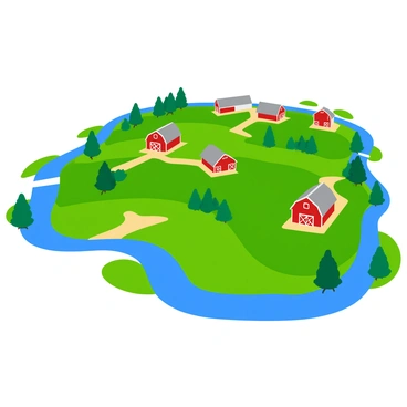 A 3D map of a countryside area featuring lush green fields segmented into different shades of green. The map includes several red and white barns scattered throughout the landscape, each with a distinct shape and size. A winding blue river flows through the countryside, meandering around the fields and barns. The riverbank is lined with clusters of trees, adding depth to the overall scene. Small dirt paths can be seen connecting the barns and fields, enhancing the rural feel of the map.