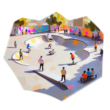 A drone captures a bird's-eye view of a bustling urban skatepark filled with skaters executing dynamic tricks. The park features various ramps, rails, and bowls, with vibrant graffiti art decorating the surrounding walls. Several skaters are in motion, showcasing flips and grinds while others observe and cheer. The scene is rich with details, including scattered skateboards and colorful clothing worn by the skaters, as well as onlookers sitting on benches nearby, adding to the lively atmosphere. The sunlight casts interesting shadows across the concrete surfaces, highlighting the energy of the moment.