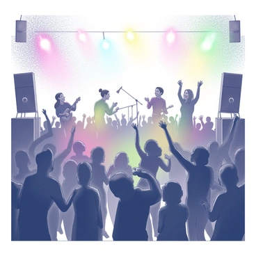 A large outdoor concert scene with a diverse crowd gathered and dancing energetically. Individuals are smiling and clapping, creating a sense of excitement and engagement. The stage is set with musicians playing instruments, and speakers are positioned at the front. Bright, colorful lights illuminate the crowd, casting a playful glow across the scene. Various silhouettes of people can be seen, some raising their arms, while others are swaying to the rhythm of the music. The atmosphere is filled with movement and joy, capturing the essence of a vibrant live performance.