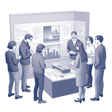 Inside a museum, several visitors are gathered around a display showcasing artifacts from the Twin Towers. The visitors include a diverse group of individuals, each engaged in observation and discussion. Some are taking notes while others are pointing to specific items. The artifacts include a section of steel beam from the towers and photographs depicting the skyline. The museum's walls are adorned with informational plaques, and soft lighting highlights the historical significance of the pieces on display.