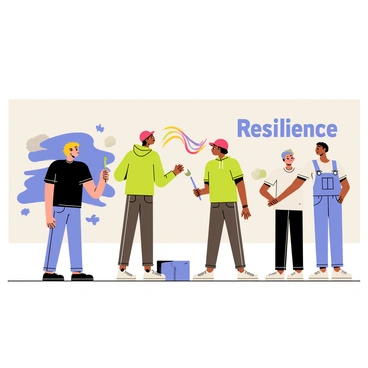 A group of four artists working together on a large mural. The first artist, wearing a black t-shirt, is holding a paintbrush and painting a blue and gray abstract design that represents emotion. The second artist, in a green hoodie, is adding vibrant colors in the shape of sound waves. The third artist, wearing a red cap, is sketching a silhouette of a figure with outstretched arms. The fourth artist, in overalls, is spray-painting the word "Resilience" in bold, stylized lettering. The mural backdrop shows a mix of musical notes and urban elements, blending their artistic expressions together.
