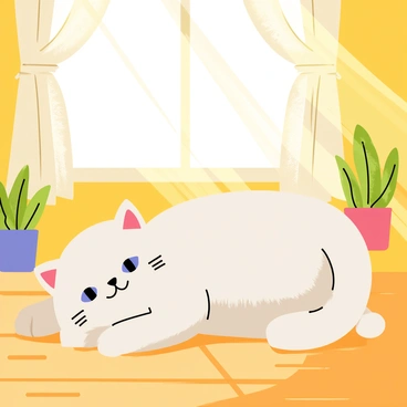 A fluffy ragdoll cat with striking blue eyes is peacefully napping in a warm patch of sunlight. The cat's soft, cream-colored fur is illuminated by the golden light streaming through a window. Surrounding the cat, sunbeams create a cozy, inviting atmosphere on the wooden floor. The window has light curtains that gently sway, allowing more of the sunlight to fill the room. A few potted plants are visible nearby, adding greenery to the peaceful scene.