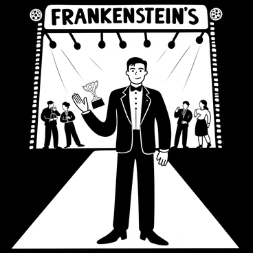 A movie poster featuring "Frankenstein's Monster" standing confidently on a red carpet. The monster is dressed in a tailored tuxedo, holding a film award in one hand. Classic movie spotlights illuminate the scene, creating dramatic shadows. In the background, a crowd of fans and photographers is visible, capturing the moment. The title "Frankenstein's Monster: The Star" is prominently displayed at the top.