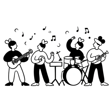 A group of anthropomorphic carrots standing together, each holding a different musical instrument. One carrot is playing a guitar, another is playing a drum set, while a third is holding a microphone and singing. There is a carrot on the keyboard, and one more carrot is playing a trumpet. They are arranged in a semi-circle, with each carrot displaying distinct features like leafy tops and varying body shapes. The scene includes musical notes floating around them, emphasizing their energetic performance.