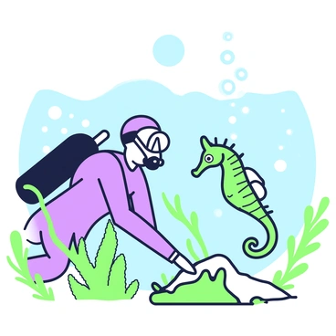 A diver is underwater, observing a delicate seahorse clinging to a piece of seaweed. The diver is wearing a wetsuit and scuba gear, with bubbles rising around them as they float in the water. The seahorse is small, with intricate details on its body, positioned securely among the strands of green seaweed. Surrounding the diver and the seahorse, there are different types of marine plants swaying gently in the current. Sunlight filters down from the surface, illuminating the scene with soft beams.