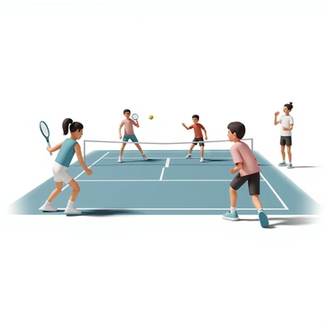 Several students are engaged in a spirited tennis match on a hard court. In the foreground, a girl with a ponytail, wearing a blue tank top and white shorts, is poised to hit a tennis ball with her racket. Opposite her, a boy in a red t-shirt and black shorts is lunging to return the shot, displaying a focused expression. In the background, two other students are waiting at the sidelines, holding their rackets and cheering enthusiastically. The hard court is lined with bright white markings, and a net stretches across the middle, separating the two players. The sky above is clear and blue, and the sun casts defined shadows on the court.