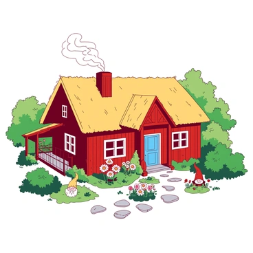 A red traditional Swedish cottage with a thatched roof is surrounded by a lush green garden filled with colorful flowers. Smoke is curling up from the chimney, indicating a cozy fire inside. The cottage has cheerful white window frames, and a wooden door painted in a vibrant blue color. In the foreground, there are stone paths leading to the entrance and a few garden gnomes placed among the flowers. The scene is bright and inviting, capturing the essence of a charming countryside home.