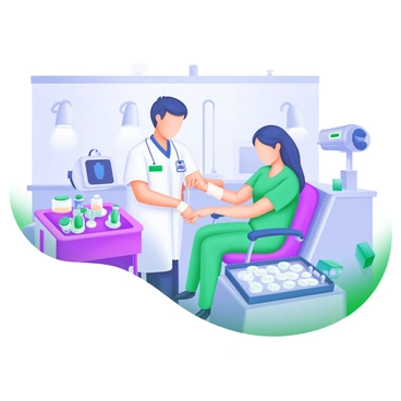 A clean medical lab is depicted with a nurse in scrubs drawing blood from a patient. The nurse is focused, using a sterile needle and a collection tube. The patient, sitting comfortably on an examination chair, has their arm extended and bandaged at the elbow. Surrounding them are various medical equipment, including a blood pressure monitor, a tray with antiseptic wipes, and vials for blood collection. The lab is well-lit with modern fixtures and organized workspaces, contributing to a professional atmosphere.