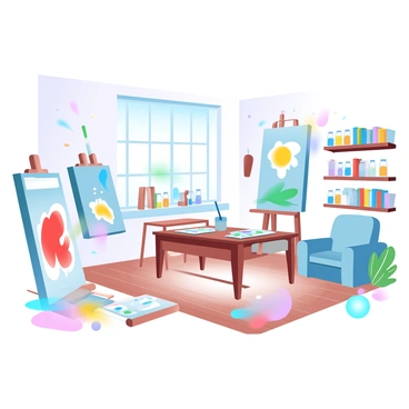 A bright art studio with an array of large canvases leaning against the walls. Each canvas showcases vibrant bursts of color, including splashes of red, blue, yellow, and green. The wooden floor is partially covered with paint splatters. A large window allows natural light to flood the room, illuminating the textures of the paint. Various paintbrushes and palettes are scattered across a wooden table in the center. There are jars filled with paint in a spectrum of colors lining the shelves. A cozy corner features a comfortable chair surrounded by art books.