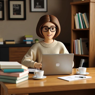 A writer sitting with a laptop in a cozy cafe, surrounded by books and steaming coffee