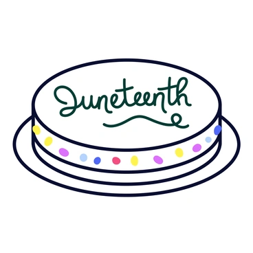 A round cake with layers, decorated with a smooth white frosting. The cake features colorful sprinkles evenly distributed around the sides. On top of the cake, the words "Juneteenth" are elegantly written in dark green icing, with a playful swirl pattern surrounding the text. The cake is placed on a simple white plate, sitting on a light-colored tablecloth.