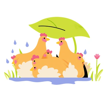 Chickens huddled under a large leaf during a gentle rain shower