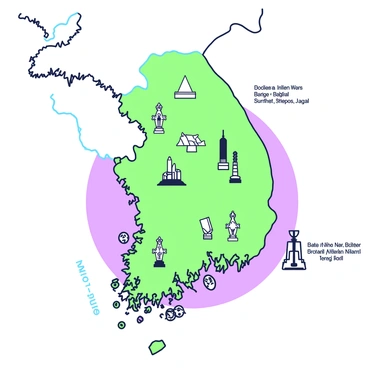 A detailed map of Korea showcasing significant Korean War battle sites and memorials. The map features labeled locations of important battles, each marked with a small monument symbol. There are several memorials depicted across the map, varying in shape and design, representing the history of the war. The geographic regions are outlined, with mountains and rivers illustrated, providing a contextual backdrop for the sites. Each battle site is identified with a small marker, and there are annotations indicating the historical significance of each location.