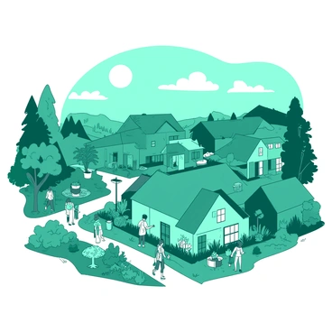 A teal community filled with eco-friendly houses made from natural materials and designed with green roofs. Each house is surrounded by lush gardens featuring a variety of plants, flowers, and trees that provide a habitat for local wildlife. In the foreground, a group of diverse individuals is engaging in outdoor activities such as gardening and socializing. Pathways connect the houses, lined with solar-powered streetlights. In the background, the sky is clear with a bright sun shining down on this bustling community, symbolizing sustainable population growth.