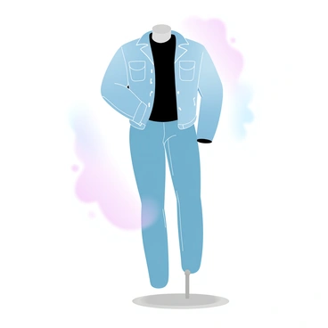 A full-body mannequin is dressed in a stylish outfit featuring a fitted denim jacket and sleek leather pants. The denim jacket is slightly distressed, with visible stitching details, and is left unbuttoned to showcase a black t-shirt underneath. The leather pants are form-fitting and have a shiny finish, contrasting with the matte texture of the denim. The mannequin stands on a simple base, emphasizing the outfit’s edgy look. The background is filled with soft gradient pastel colors, enhancing the visual appeal of the ensemble.