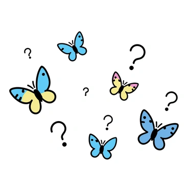 A group of colorful butterflies in various shades of blue, yellow, and red fluttering gently through the air. Each butterfly has distinct wing patterns that create a captivating visual display. As they move, they leave behind delicate trails that form clear question marks in the air, adding a whimsical touch to the scene. The background is simple and unobtrusive, allowing the butterflies and their trails to be the focal point of the image.