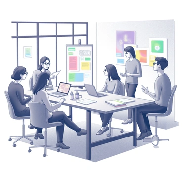 A group of artists collaborating and brainstorming ideas in a modern studio