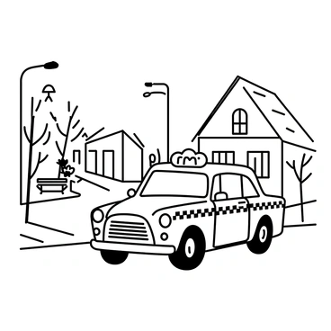 A taxi driving through the quiet streets of a charming small town