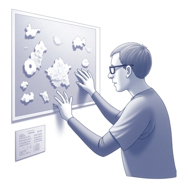 A visually impaired individual is using both hands to explore a tactile map affixed to a wall. The map features various raised textures and shapes representing geographical features. The person is leaning in slightly, with a focused expression, tracing the contours of the map. Nearby, there is a tactile guide with braille labels indicating different locations. The setting has a soft ambient light that highlights the textures on the map for better interaction.