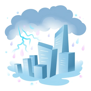 A city skyline is visible under a stormy sky filled with dark, swirling clouds. Lightning is striking tall buildings that are labeled "Banks." The buildings exhibit reflections of the lightning on their glass surfaces. Rain can be seen falling around the city, creating a dramatic atmosphere. The overall scene conveys a sense of urgency and tension.