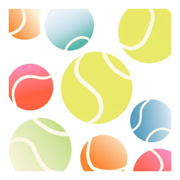 A collage of tennis balls in various colors is creating a vibrant pattern. The tennis balls are arranged in a dynamic layout, showcasing shades of bright yellow, green, blue, red, and orange. Each ball displays its distinct fuzzy texture and characteristic seam. The background is a soft gradient that complements the colors of the tennis balls, enhancing the overall vibrancy of the composition. The arrangement creates an energetic and lively visual effect, drawing attention to the playful nature of the tennis balls.