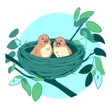 A cozy nest with a family of baby sparrows chirping and waiting for food.