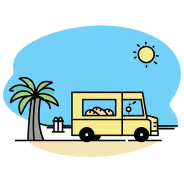 A bread truck, painted in bright colors, is parked on the sand near a sunny beach. The truck features large windows displaying various types of bread. Nearby, several tall palm trees are swaying gently in the breeze. The sun is shining brightly in the clear blue sky, casting shadows on the ground. A few beachgoers can be seen in the background enjoying the warm weather.