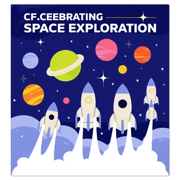 A futuristic poster celebrating space exploration with planets and rockets