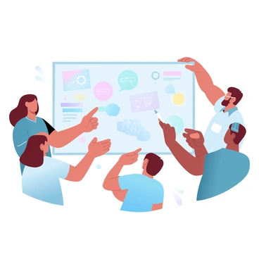 A group of five people is gathered around a large whiteboard filled with colorful sketches and diagrams. The first person, a woman with medium-length curly hair, is pointing at a sketch while holding a marker. Next to her, a man with glasses is taking notes on a clipboard. A third person, a man with short hair and a t-shirt, is leaning forward, listening intently. Another woman, wearing a bright blouse, is gesturing with her hands, excited about the ideas. The fifth member, a man with a beanie, is adjusting the board's arrangement. Various vibrant sketches and project concepts are visible on the whiteboard. The atmosphere conveys a sense of collaboration and creativity.