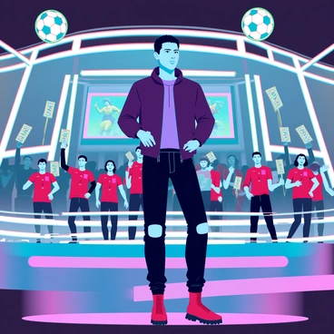 Cristiano Ronaldo, a tall man with athletic build and short dark hair, is standing on a vibrant soccer-themed stage. He is wearing a stylish outfit that blends casual and sporty elements, such as a fitted jacket and sneakers. The stage is adorned with large soccer ball decorations and colorful LED screens displaying anime characters in action. The audience is lively, with fans holding up glowing signs and cheering, all dressed in various soccer jerseys. Bright stage lights illuminate the scene, creating an energetic atmosphere filled with excitement and anticipation.