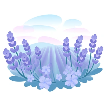 Rows of lavender in full bloom create a vibrant sea of purple stretching to the horizon. Each row is meticulously aligned, with tall stalks swaying gently in the breeze. The flowers are lush and abundant, showcasing delicate blossoms that contribute to the rich, pastel color palette. In the background, a soft gradient of pastel colors fills the sky, transitioning from light blue to warm hues as the sun sets. The overall scene conveys a sense of tranquility and natural beauty.